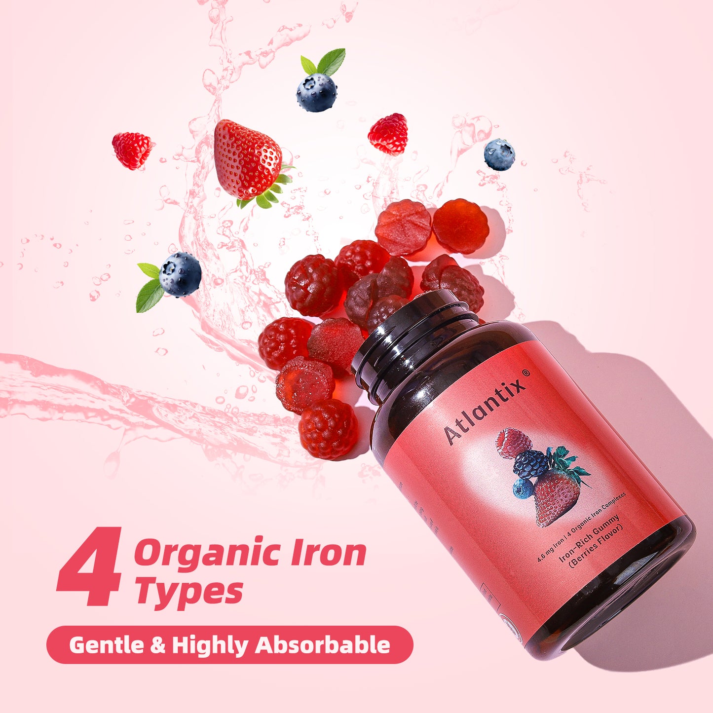ATLANTIX Iron Gummies – Bioavailable 4-Source Iron with Heme Iron, Iron Bisglycinate & Hemoglobin Peptides, Vitamin C Absorption Support, Ginger Powder, Supports Healthy Iron Levels, 60 Gummies Daily Wellness