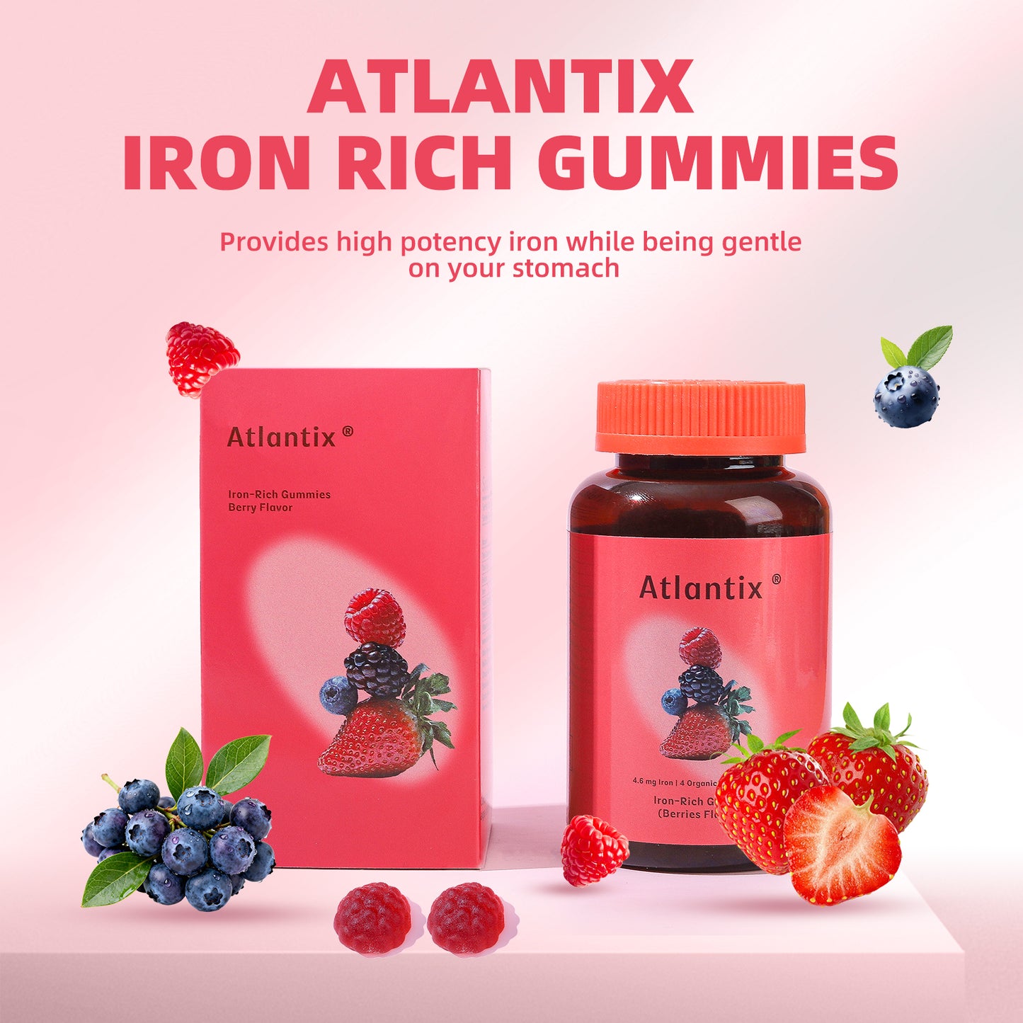 ATLANTIX Iron Gummies – Bioavailable 4-Source Iron with Heme Iron, Iron Bisglycinate & Hemoglobin Peptides, Vitamin C Absorption Support, Ginger Powder, Supports Healthy Iron Levels, 60 Gummies Daily Wellness