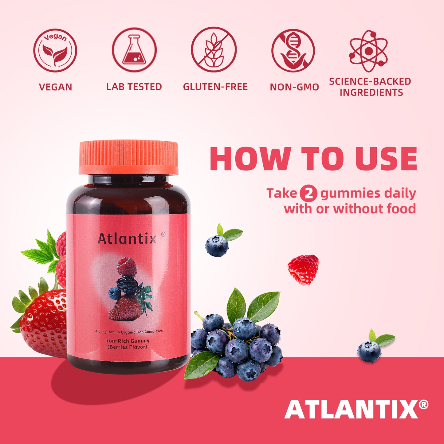 ATLANTIX Iron Gummies – Bioavailable 4-Source Iron with Heme Iron, Iron Bisglycinate & Hemoglobin Peptides, Vitamin C Absorption Support, Ginger Powder, Supports Healthy Iron Levels, 60 Gummies Daily Wellness